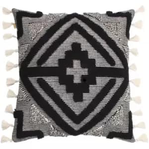 Kalai Tufted Geometric Cotton Rich Tasselled Cushion Cover, Black, 45 x 45cm - Furn