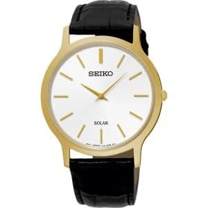 Seiko SUP872P1 Solar Movement Black Leather Strap Watch with White Dial