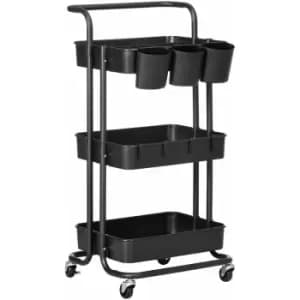 HOMCOM 3-Tier Utility Cart, Rolling Serving Trolley with Baskets and Hooks - Black