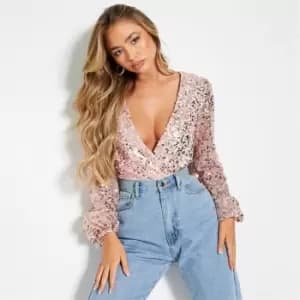I Saw It First Sequin Wrap Front Plunge Bodysuit - Pink