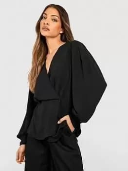 Boohoo Wrap Front Pep Hem Blouse - Black, Size 10, Women