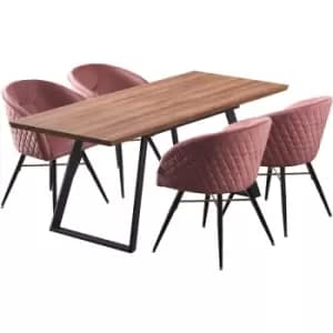 5 Pieces Life Interiors Vittorio Toga Dining Set - an Extendable Brown Rectangular Wooden Dining Table and Set of 4 Pink Dining Chairs - Pink