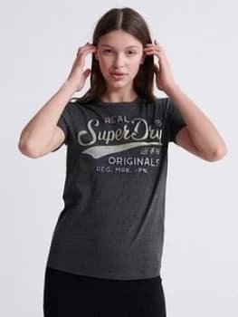 Superdry Real Original Glitter Embossed T-Shirt - Dark Grey, Size 6, Women