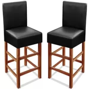 2x Wooden Bar Stool Set Back Black Breakfast Counter Padded PU Leather Acacia Wood Classy Barstools Kitchen
