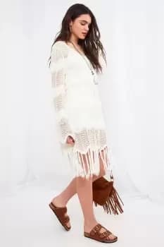 Tassel Hem V Neck Long Sleeve Beach Cover Up Dress