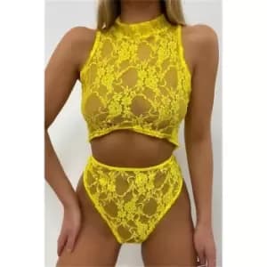 I Saw It First Yellow Lace Sleeve Detail Lingerie Set - Yellow