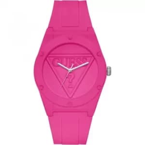 GUESS Retro Pop cerise pink silicone watch with pink logo dial.