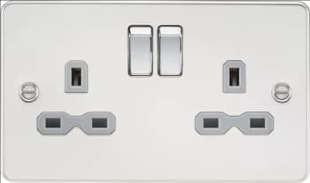 KnightsBridge Flat plate 13A 2G DP switched socket - polished chrome with grey insert