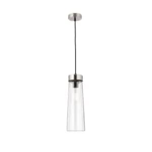Freedom Ceiling Pendant E27, With Large Clear Cylindrical Cone Glass Satin Nickel, Clear, Black Fabric