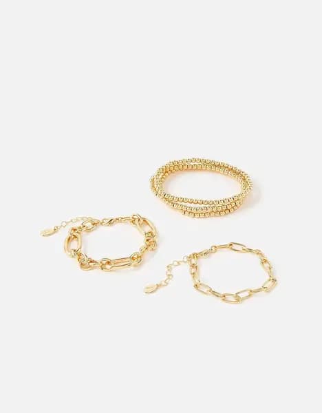 Accessorize Chain and Stretch Beaded Bracelets 5 Pack Gold