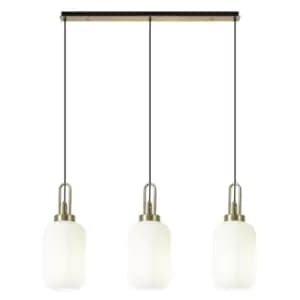Luminosa Linear 3 Light Pendant E27 With 20cm Tubular Ribbed Glass, Opal Brass Gold, Matt Black