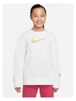 Nike Older Girls Nsw French Terry Boyfriend Fit Crew Neck Top - White/Grey, Size S=8-10 Years, Women