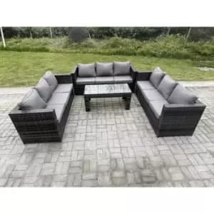 Fimous 9 Seater Outdoor Dark Grey Rattan Lounge Complete Sofa Set with Oblong Rectangular Coffee Table