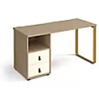 Rectangular Sleigh Frame Desk Kendal Oak Wood, Metal Sleigh Legs Brass Cairo 1400 x 600 x 730mm 2 Drawer Pedestal