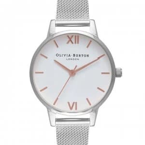 Olivia Burton Womens Big Dial Rose Gold Mesh Watch - White/ Silver