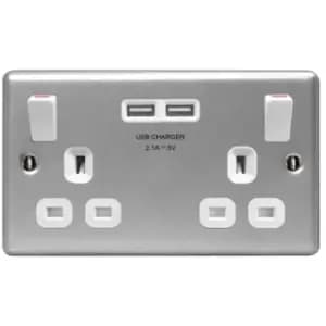BG Metal Clad 2 Gang Switched Socket with USB Ports - Silver