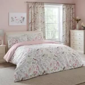 Caraway Garden Birds Print Reversible Easy Care Duvet Cover Set, Pink, Super King - Dreams&drapes