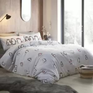 Christmas Snowy Penguin Print 100% Cotton Reversible Duvet Cover Set, Grey, Single - Fusion