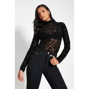 I Saw It First Zebra Flocked Mesh High Neck Long Sleeve Bodysuit - Black
