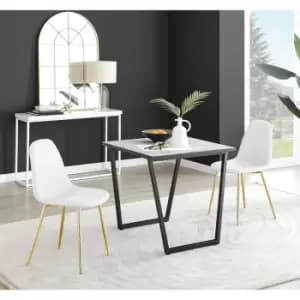 Furniturebox UK - Furniturebox Carson White Marble Effect Square Dining Table & 2 White Corona Faux Leather Dining Chairs with Gold Legs Diamond