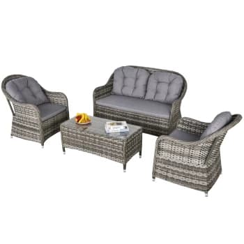 Outsunny 4-Seater PE Rattan Wicker Sofa Set Outdoor Conservatory Furniture Lawn Patio Coffee Table w/ Cushion - Grey