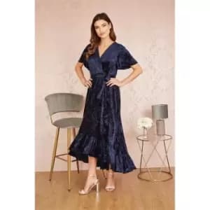 Yumi Navy Velvet Wrap Over Midi Dress - Blue