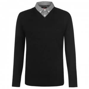 Pierre Cardin Mock V Neck Knit Jumper Mens - Black