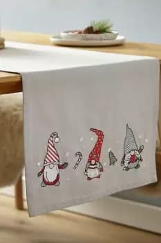 Catherine Lansfield Dining Christmas Gnomes Cotton 33x220cm Runner Grey Red