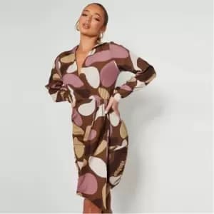 I Saw It First Abstract Wrap Collared Mini Dress - Neutral