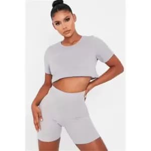 I Saw It First Grey Marl Boxy Ribbed Cropped T-Shirt - Grey