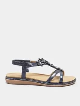 Yours Clothing Extra Wide Fit Flower Cross Strap Sandal, Navy, Size Eee, Women