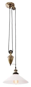 Empire 1 Light Rise & Fall Dome Ceiling Pendant Antique Brass, Opal Glass, E27