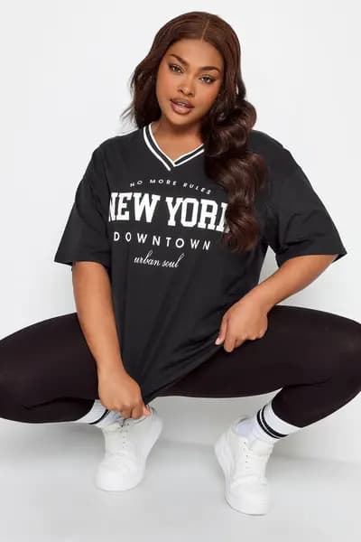 Yours 'New York' Slogan V-Neck T-Shirt Black