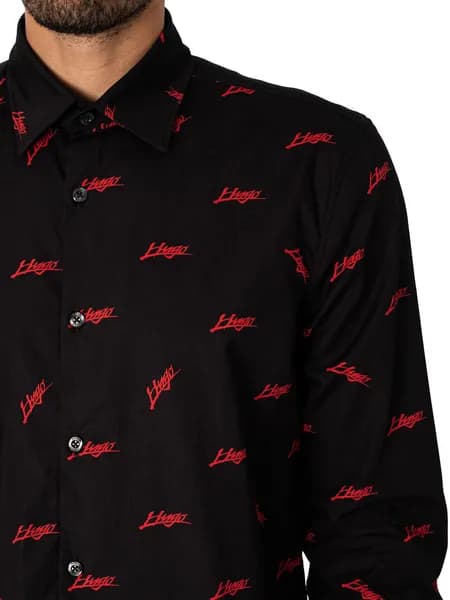 HUGO Ermo Logo Pattern Slim Shirt Black/Red XL