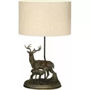 Table Lamp Stag & Fawn Statuette Natural Hessian Shade Bronze Patina LED E27 40w