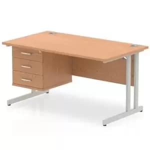 Impulse 1400 Rectangle Silver Cant Leg Desk OAK 1 x 3 Drawer Fixed Ped