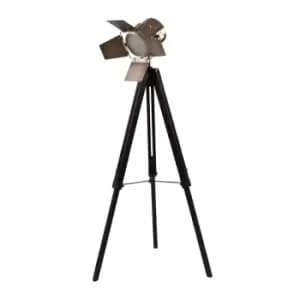 139cm Black Wood and Antique Brass Film Style Tripod Floor Lamp