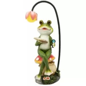 Solar Powered Light-Up Frog Reading On A Mushroom Garden Ornament