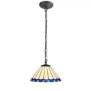 1 Light Downlighter Ceiling Pendant E27 With 30cm Tiffany Shade, Blue, Crystal, Aged Antique Brass - Luminosa Lighting