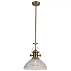 Telescopic Dome Ceiling Pendant E27 With 33.5cm Prismatic Glass Shade, Antique Brass, Clear - Luminosa Lighting