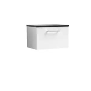 Nuie Arno 600mm Wall Hung 1 Drawer Vanity & Sparkling Black Laminate Top Gloss White