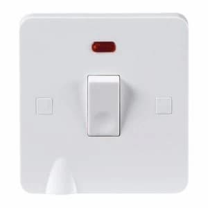 KnightsBridge Pure 9mm 20A White 1G Double Pole 230V Electric Switch with Neon and Flex Outlet