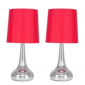 Pair of Chrome Teardrop Touch Table Lamps with Red Shade