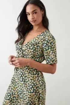 Yellow Ditsy Tie Front Midi Dress