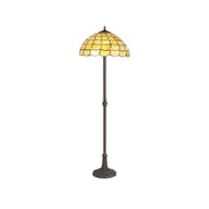 2 Light Leaf Design Floor Lamp E27 With 40cm Tiffany Shade, Beige, Clear Crystal, Aged Antique Brass