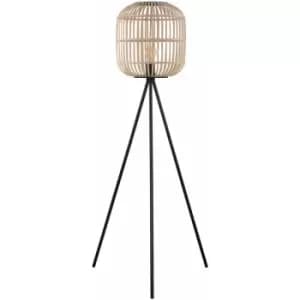 Loops - Tripod Floor Lamp Light Black & Wicker 1 x 28W E27 Bulb Tall Living Room