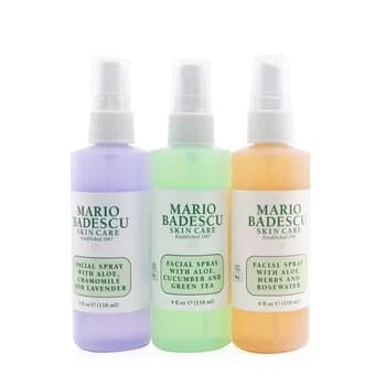 Mario Badescu Spritz. Mist. Glow. Set: Facial Spray With Aloe, Cucumber And Green Tea + Facial Spray With Aloe, Herbs & Rosewater + Facial Spray With
