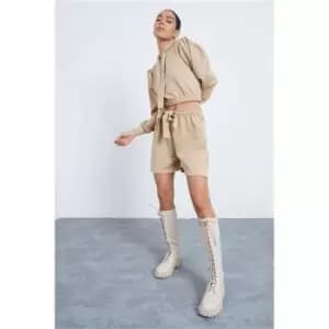 I Saw It First Stone Puff Sleeved Cropped Hoodie And Short Set - Brown