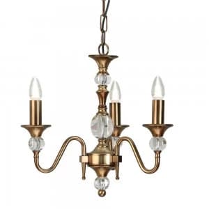 3 Light Multi Arm Ceiling Pendant Chandelier Antique Brass, Crystal, E14