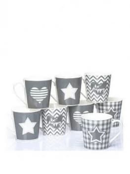 Waterside Set Of 8 Grey Star And Heart Mugs